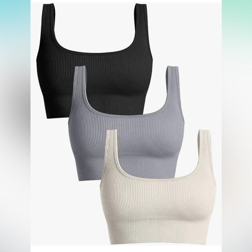 3 Piece Medium Support Ribbed Tank Top Ribbed/ Crop Tank/Sport Bra